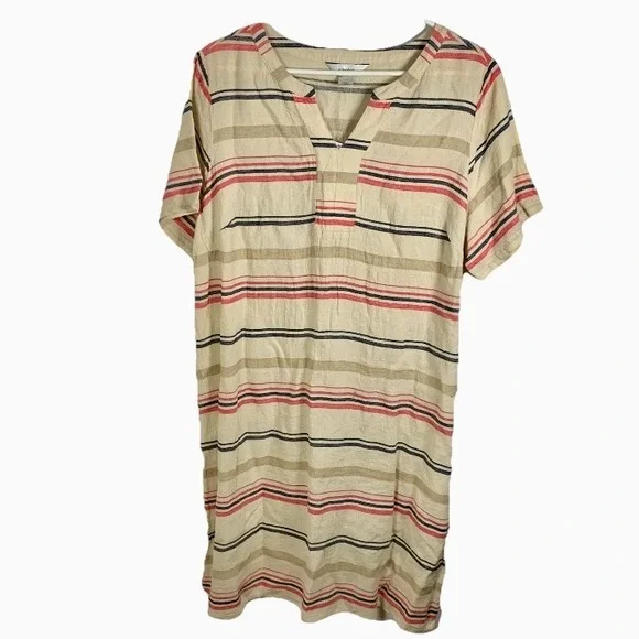CJ Banks Striped V Neck Tunic Dress Coverup Women 14W Linen Blend Beachy Coastal - Picture 1 of 13